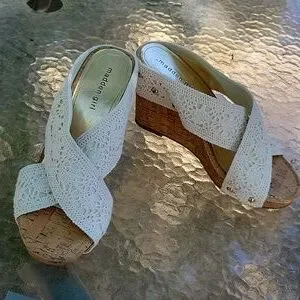 Madden Girl cream crochet faux cork print wedge sandals
